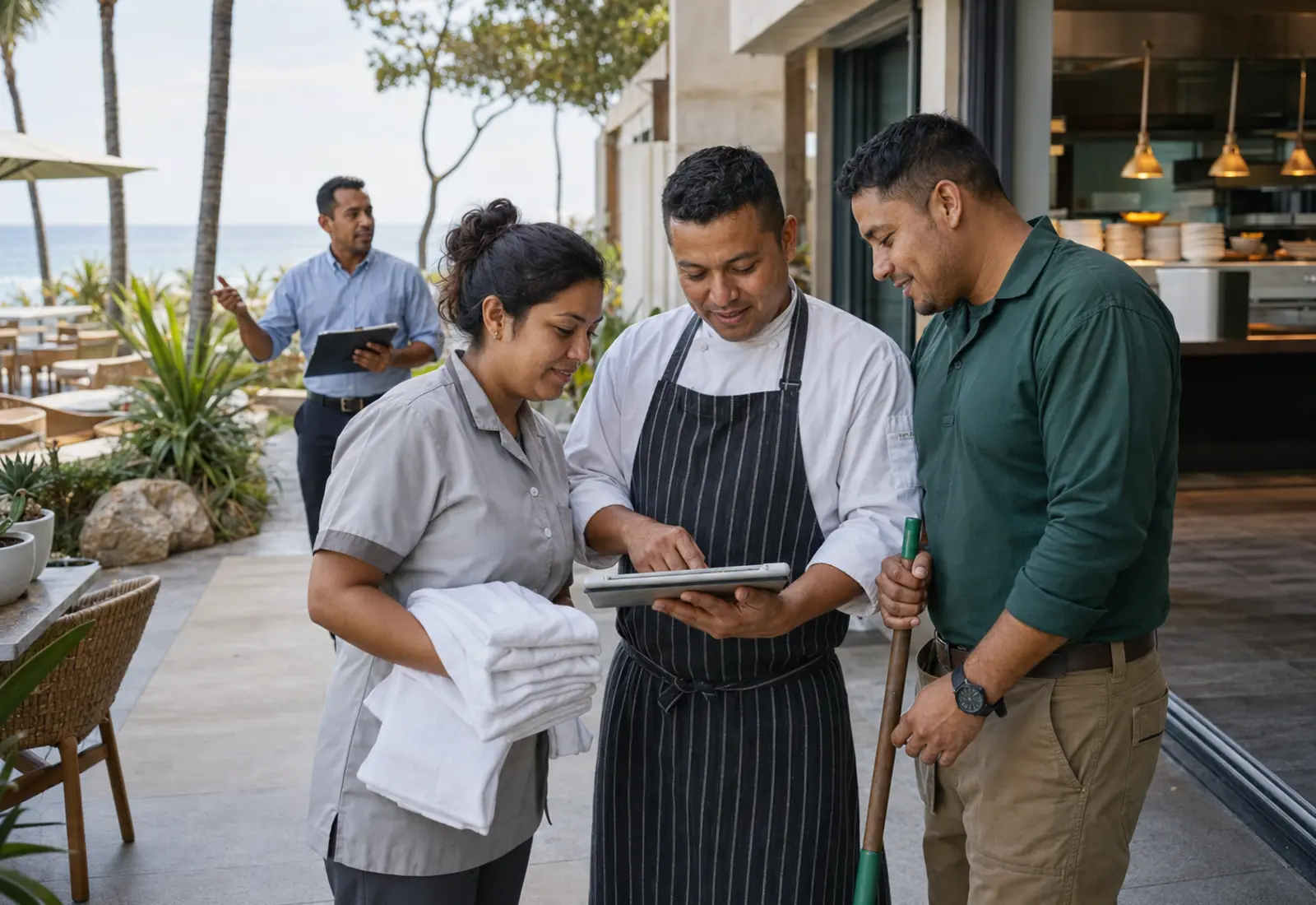 Equipo de hotelería y turismo trabajando en cocina